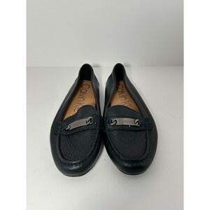 Calvin Klein Lunasi Black Pebbled Leather Loafers Silver Logo Hardware Womens7.5